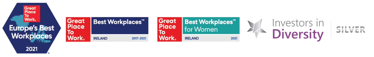 Great Place to Work in Europe, Best Workplace, Best Workplace for Women and Investors in Diversity Silver Award logos