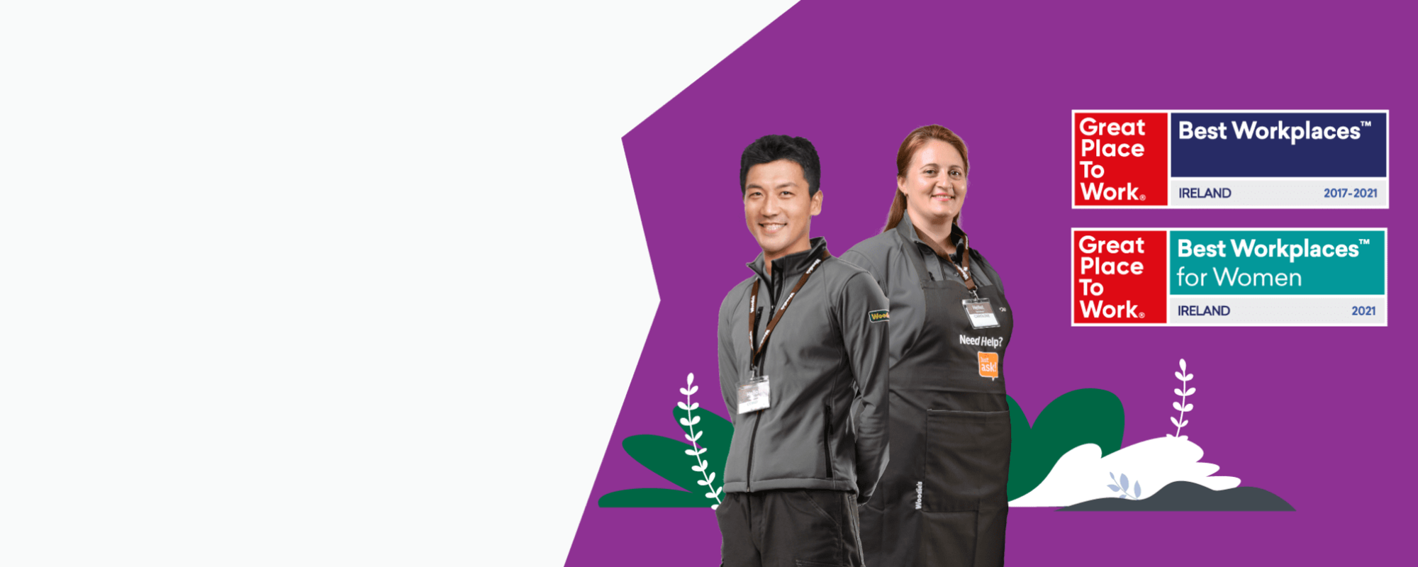 •	On Display: Three people of diverse backgrounds in our Woodie’s uniforms with Great Place to Work Logos